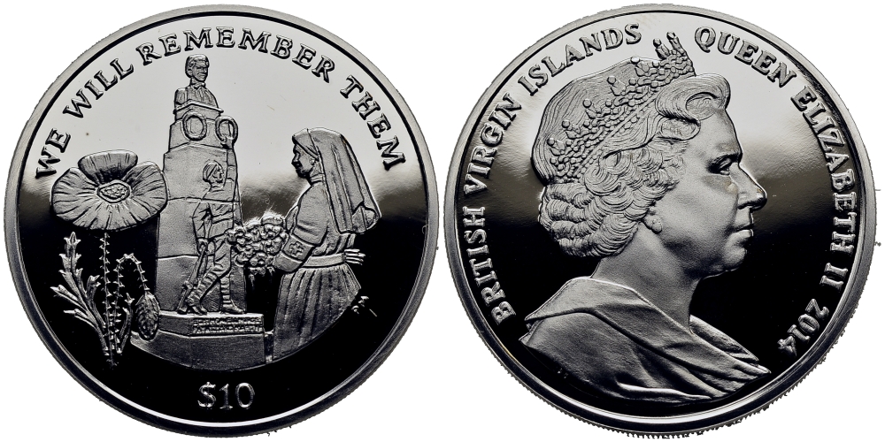Британские Виргинские острова 10 долларов 2014 в память героев первой мировой войны, памятник KM NEW серебро  PROOF  1071-1-11
