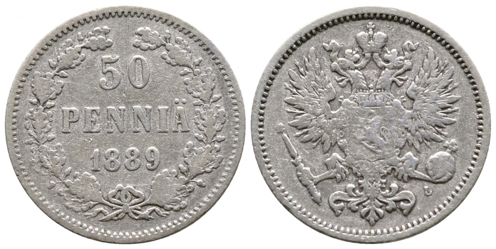 Россия для Финляндии 50 пенни 1889 L, Александр III (1881-1894) KM 2.2, Биткин 233 серебро 413-4042