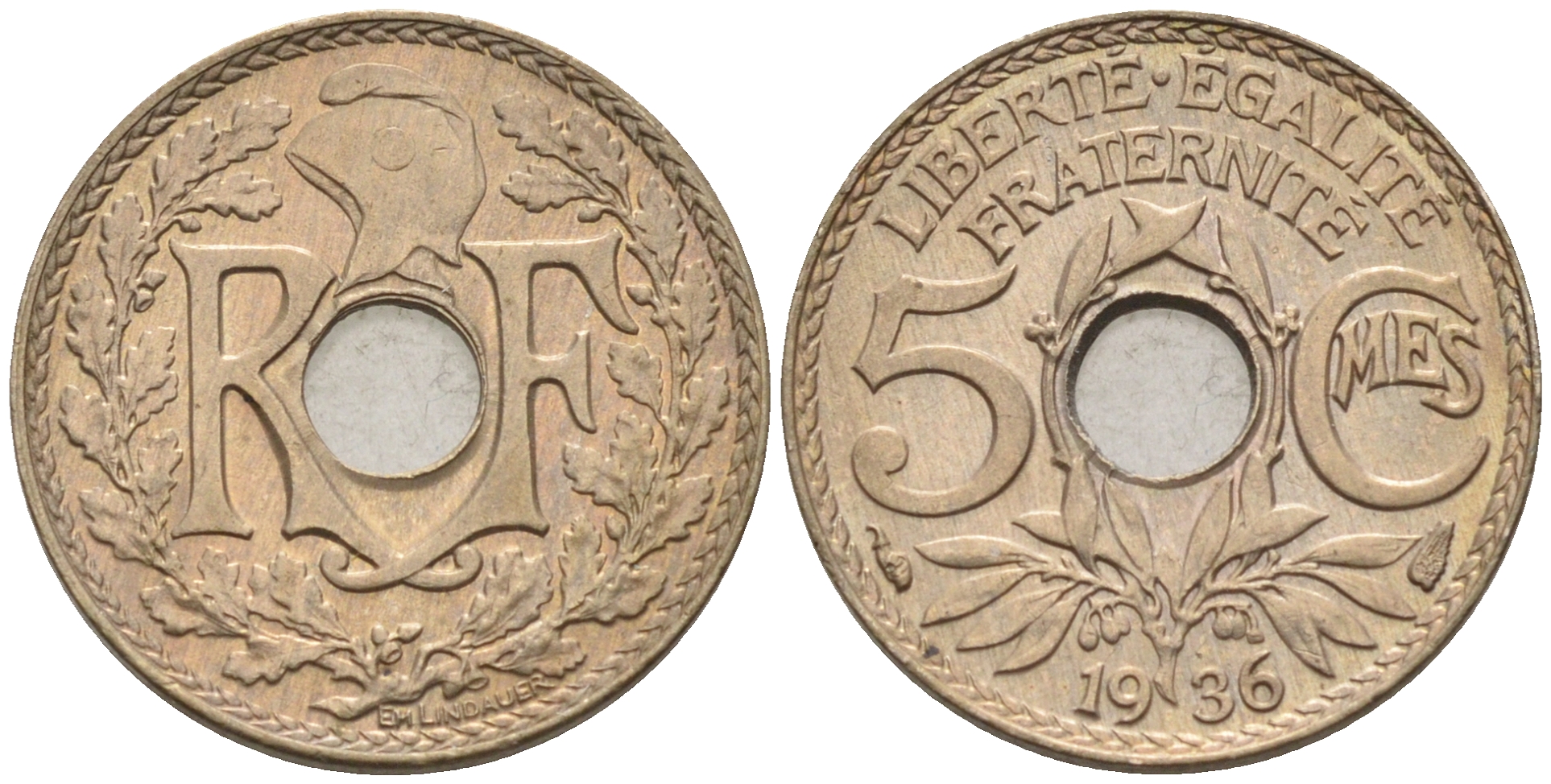 Франция 5 сантимов 1936 тип Линдайё KM 875 медно-никель    4594-1149