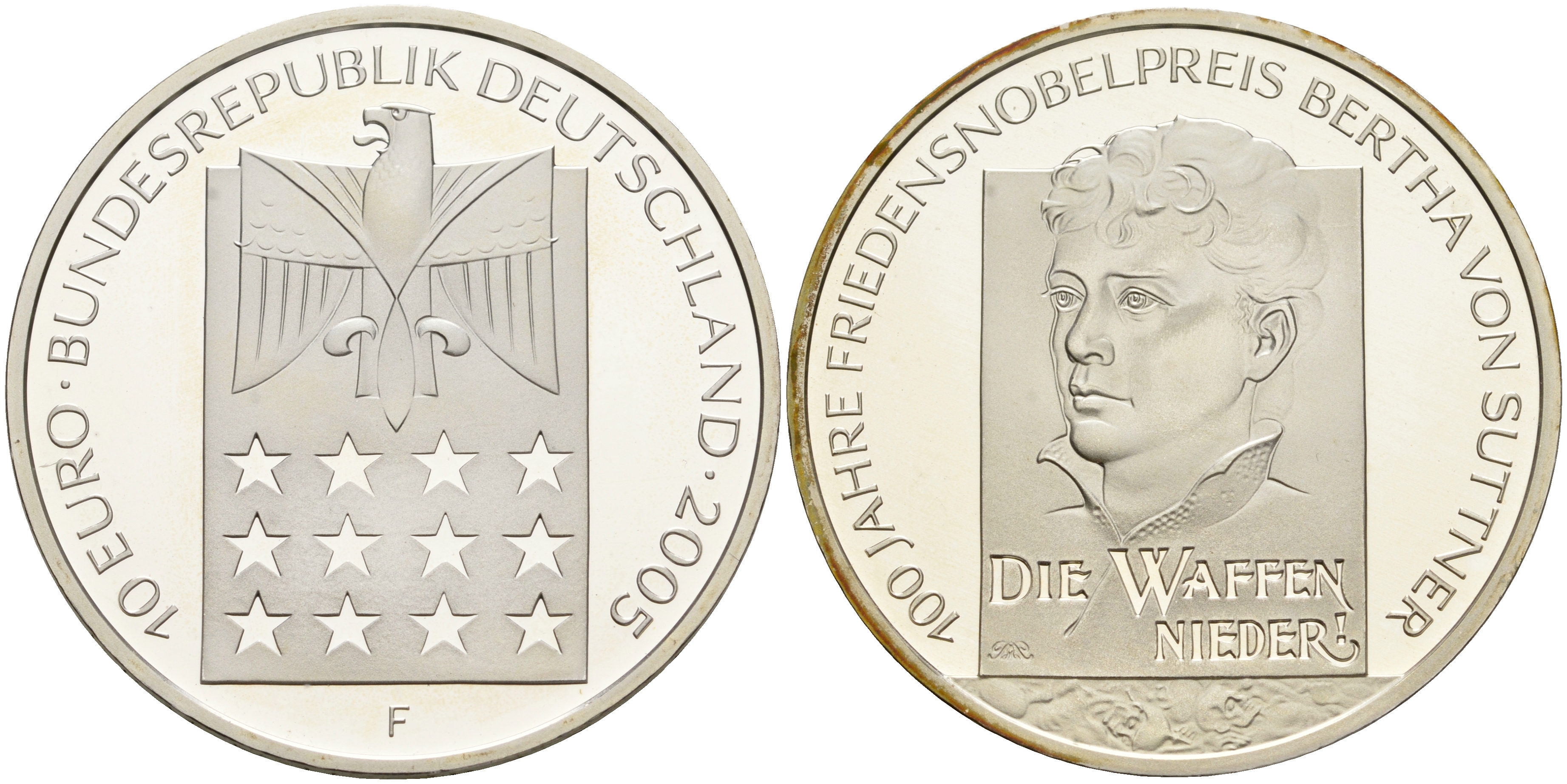 ФРГ 10 евро 2005 F, 100 лет со дня рождения Берты фон Зутнер, лауреат Нобелевской премии KM 242, DE.S. 10.23 серебро PROOF 1076-3-55