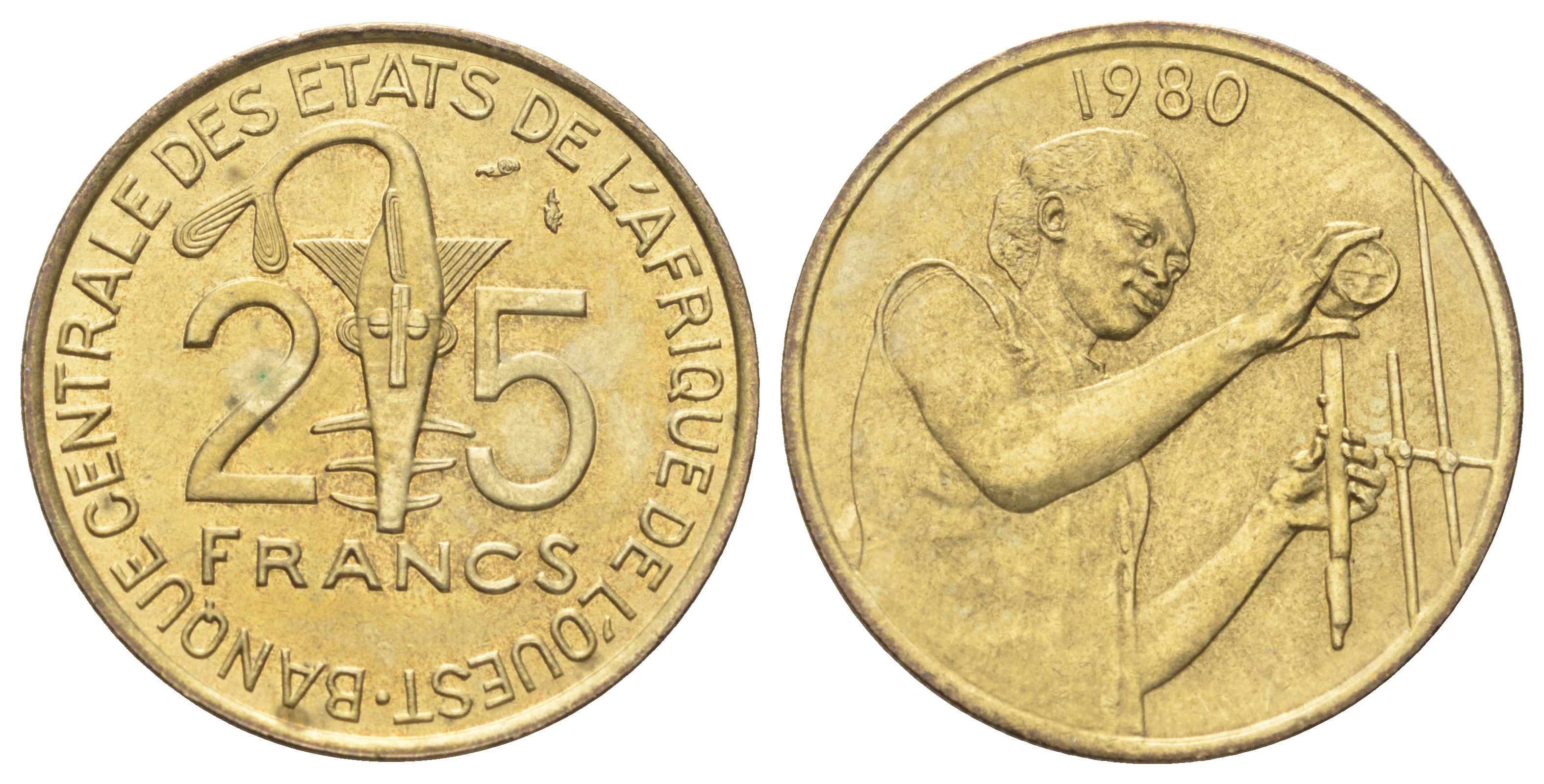 Западная Африка (ВСЕАО) 25 франков 1980 KM 9 алюминиевая бронза 63-423