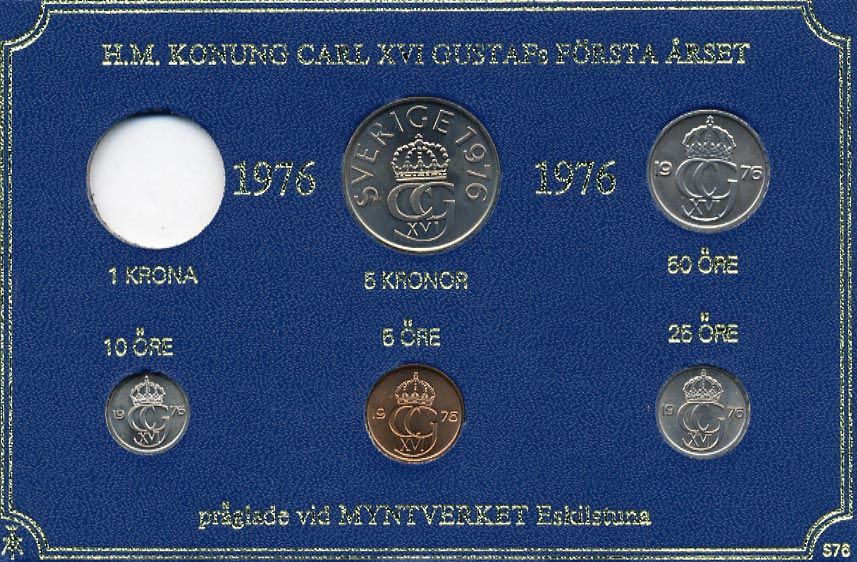 Швеция 5, 10, 25, 50 эре и 5 крон 1976 Карл XVI Густав (1973- ) в картоне набора монетного двора UNC 7-5-7-272
