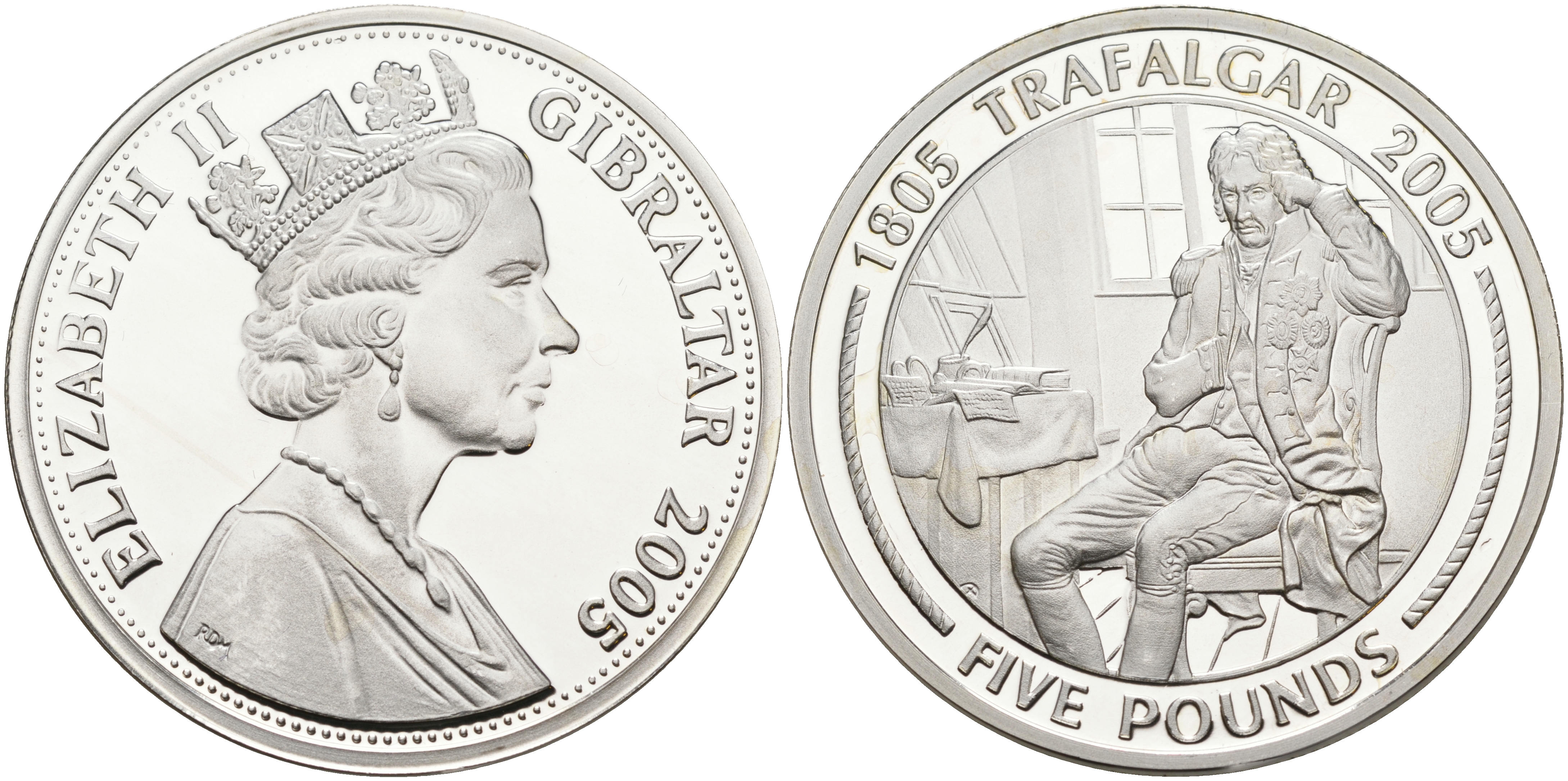 Гибралтар 5 фунтов 2005 Трафальгарское сражение, раздумья генерала серебро PROOF 00-00