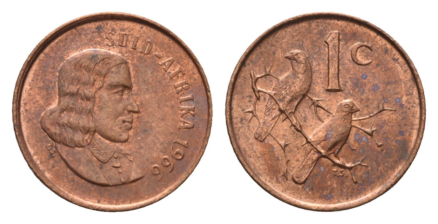 ЮАР 1 цент 1966 Ян ван Рибек (1619-1677), Suid Africa, легенда на африкаанс, капские воробьи KM 65.2 бронза aUNC 4690-1119
