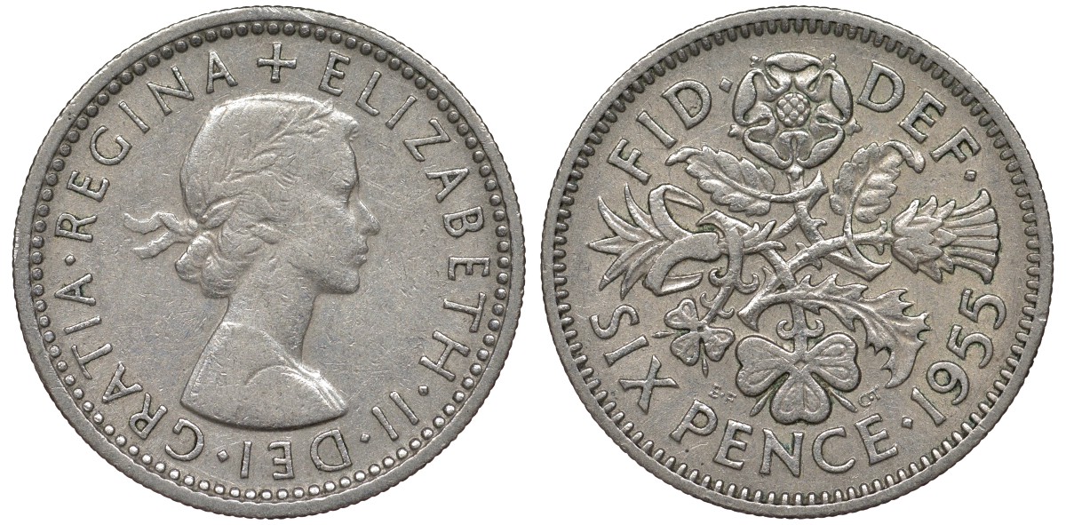 Великобритания 6 пенсов 1955 Елизавета II (1952-2022) KM 903, Spink 4149 медно-никель 4122-614