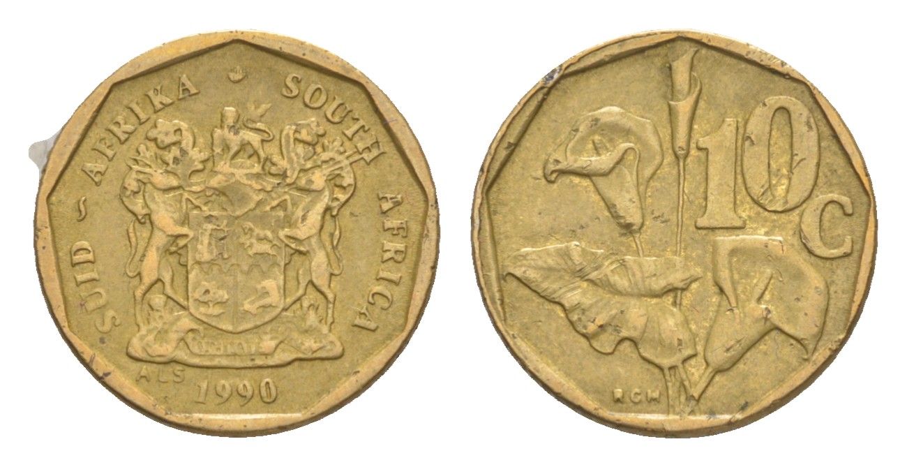 ЮАР 10 центов 1990 герб, цветок алоэ KM 135 сталь плакированная бронзой 4621-916