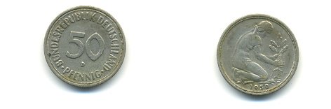 ФРГ 50 ПФЕННИГОВ 1950 D KM 109.1, J. 384 медно-никель 54-2337