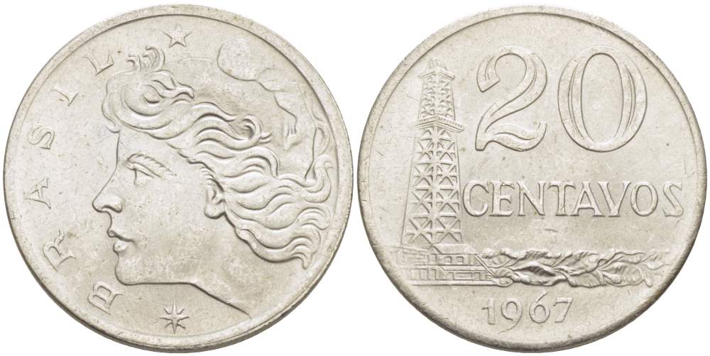 Бразилия 20 сентаво 1967 голова Свободы влево KM 579.1, Schon 84 медно-никель 4529-413