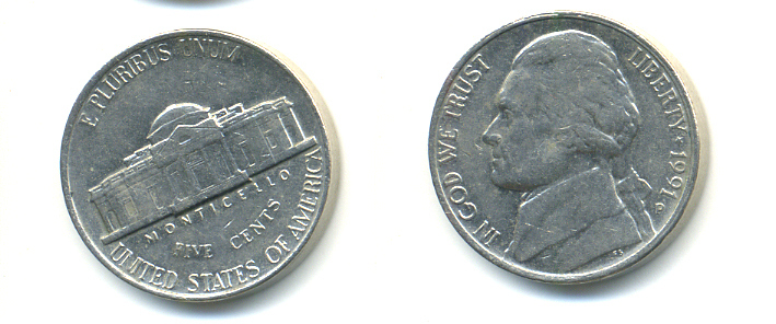 США 5 ЦЕНТОВ 1991 P ДЖЕФФЕРСОН KM А192 медно-никель 86-624