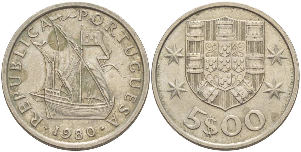 ПОРТУГАЛИЯ 5 ЭСКУДО 1980 ПАРУСНИК KM 591 медно-никель 4551-1027