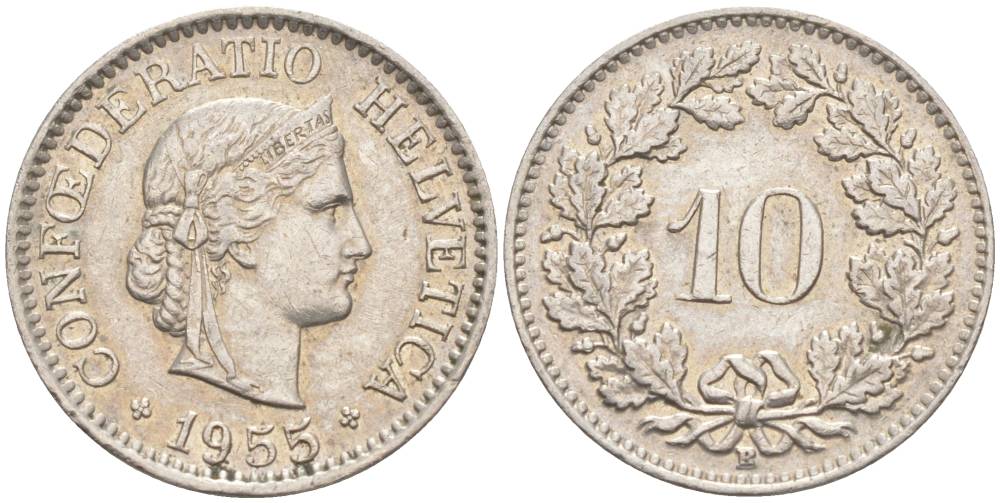 ШВЕЙЦАРИЯ 10 РАППЕНОВ 1955 В KM 27 медно-никель 55-245