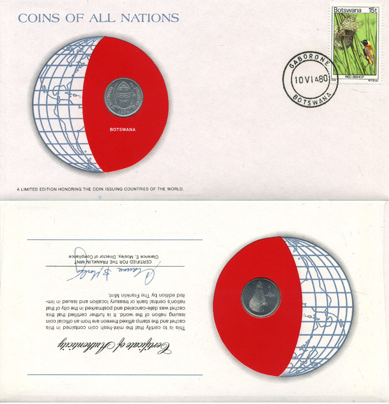 Ботсвана 1 тебе 1976 конверт с маркой первого дня гашения, Coins of Nations KM 3 алюминий UNC 4294-52-3