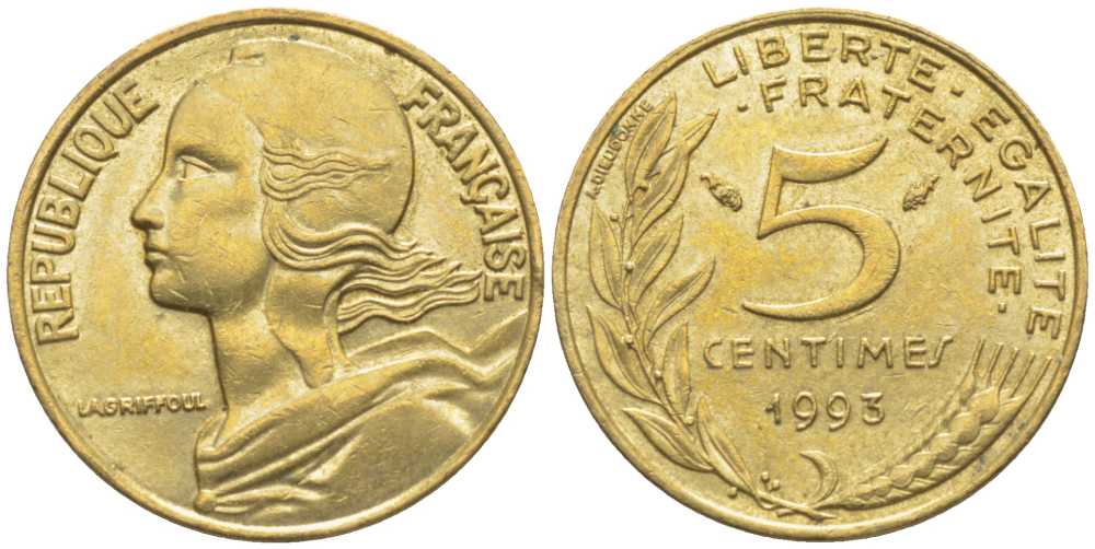 ФРАНЦИЯ 5 САНТИМОВ 1993 ТИП MARIANNE, 3 PILIS KM 933, LE FRANC 125.32 медь алюминий никель 116-461