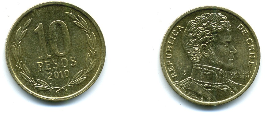 ЧИЛИ 10 ПЕСО 2010 ГЕНЕРАЛ БЕРНАРДО О ХИГГИНС KM 228.2 никель-бронза 37-942