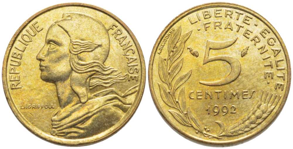 ФРАНЦИЯ 5 САНТИМОВ 1992 ТИП MARIANNE, 4 PILIS KM 933, LE FRANC 125.30 медь алюминий никель 116-459