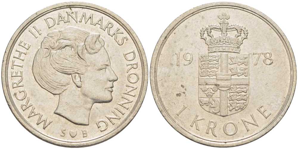 Дания 1 крона 1978 S; B, Маргрете II (1972-) KM 862.1 медно-никель 4388-557