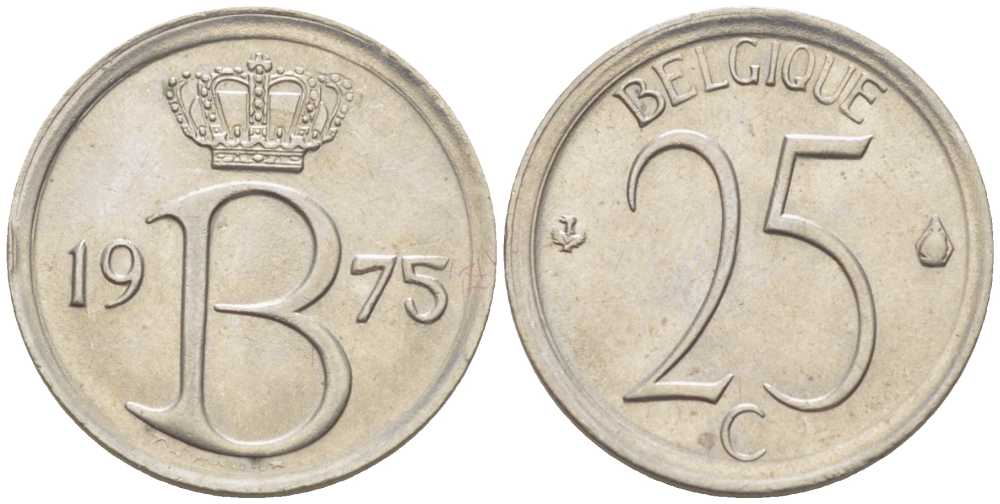 БЕЛЬГИЯ 25 САНТИМОВ 1975 BELGIQUE, БОДУЭН I (1951-1993) KM 153.1 медно-никель 214-442