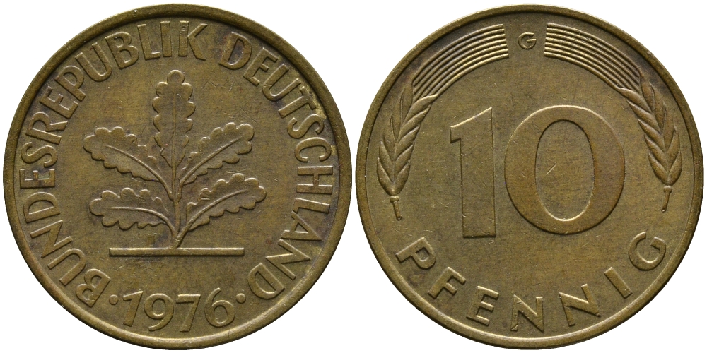 ФРГ 10 ПФЕННИГОВ 1976 G KM 108, J.383 сталь плакированная латунью 33-133