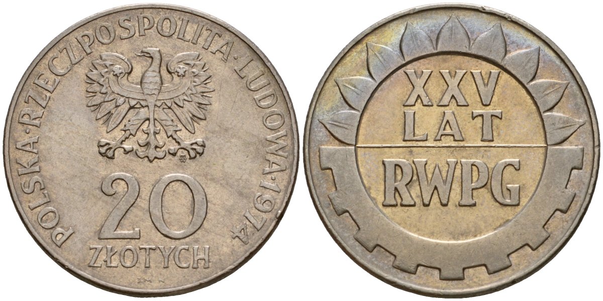 Польша 20 злотых 1974 MW, 25 лет Совету экономической взаимопомощи KM 70, Parchimowicz 247 медно-никель UNC 32-743