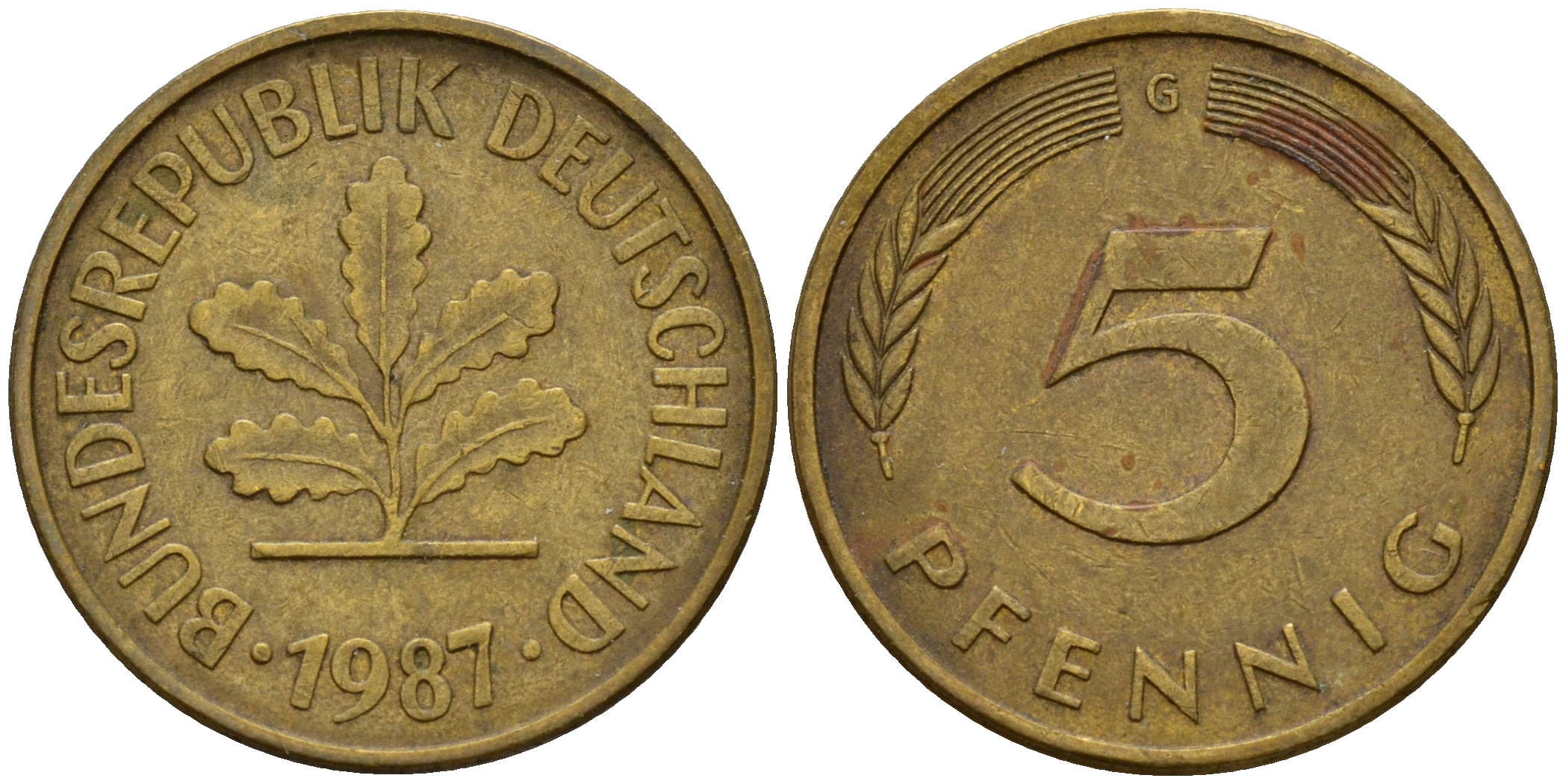 ФРГ 5 пфеннигов 1987 G J.382, KM 107 сталь плакированная латунью    4598-1054