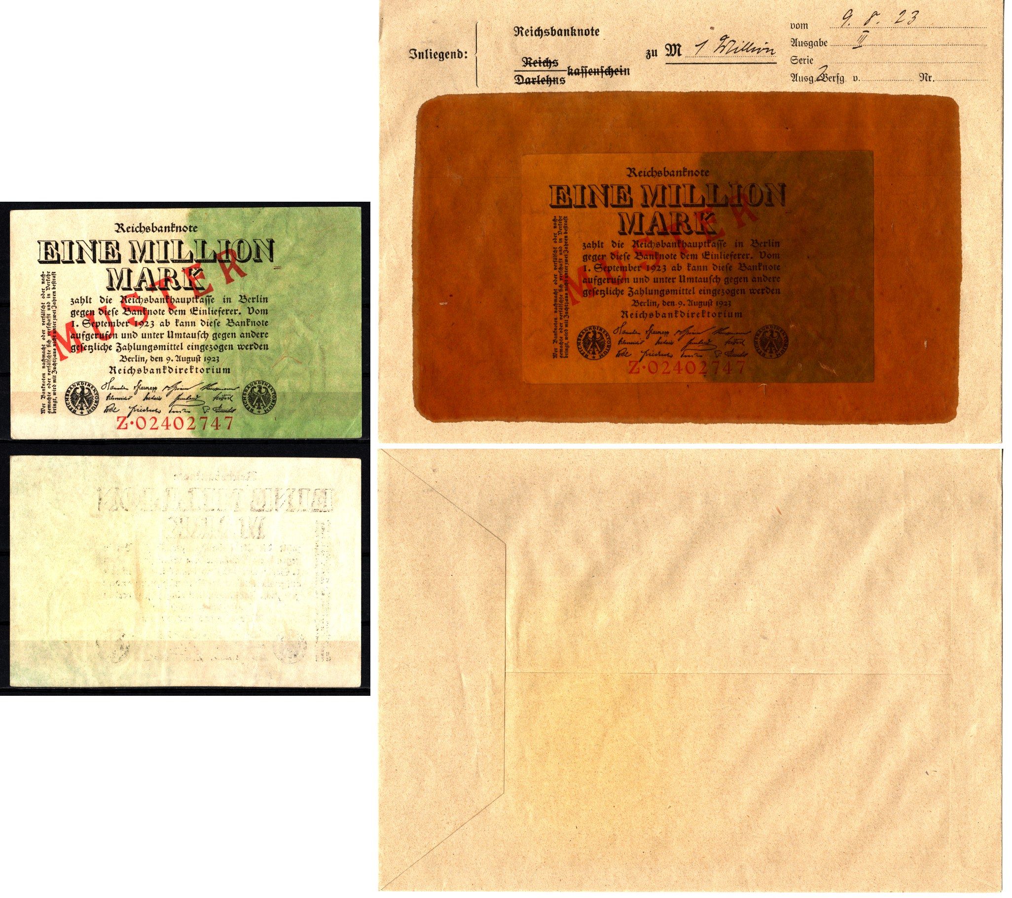 Германия 1000000 марок 1923 темно зеленый, 9 августа, MUSTER, образец, Specimen. В оригинальном банковском конверте. Из коллекции Отто Сейфферта (помощник Ялмара Шахта - министра экономики Германии и президента Рейхсбанка времен третьего рейха) Pick 101 s