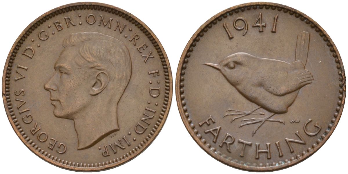 Великобритания 1 фартинг 1941 Георг VI (1936-1952) KM 843, Spink 4116 бронза 4154-255