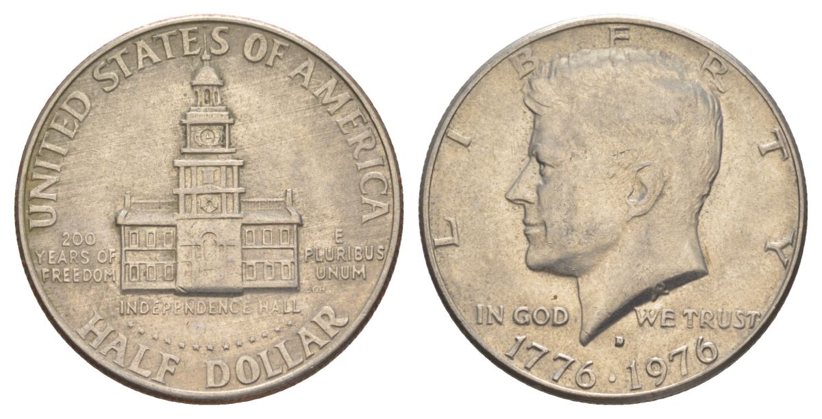 США 1/2 доллара (50 центов) 1976 D, 200 лет независимости, Джон Кеннеди KM 205 медь плакированная медно-никелем aUNC 4565-423