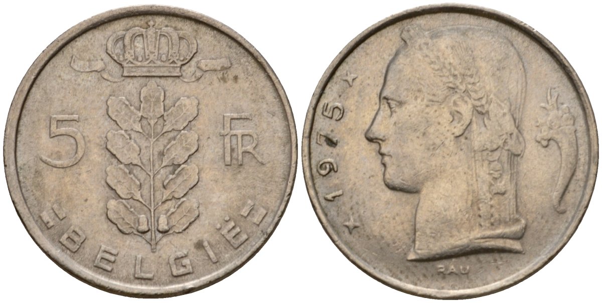 Бельгия 5 франков 1975 Belgie, Бодуэн I (1951-1993) KM 135.1 медно-никель 4395-133