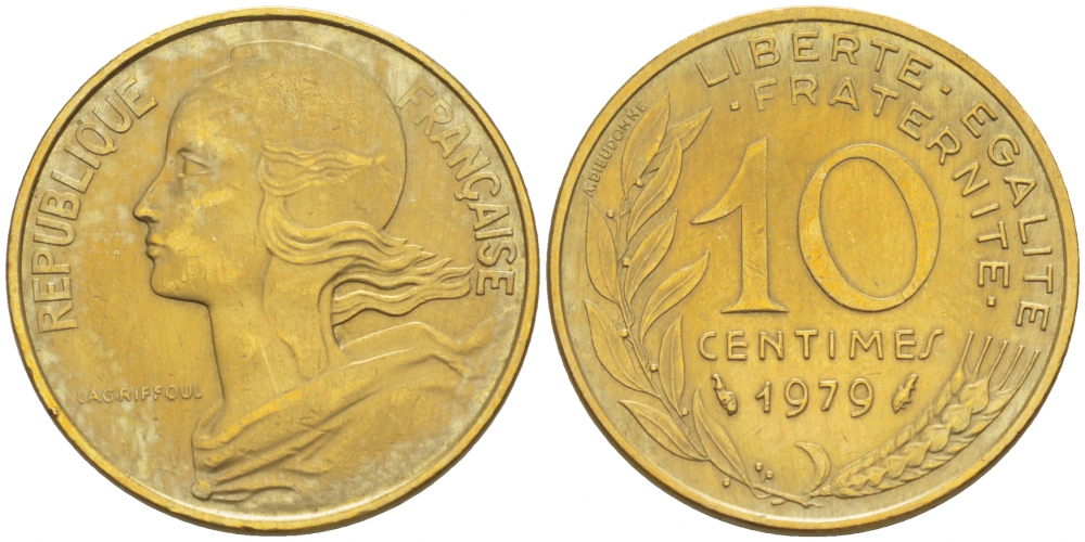 ФРАНЦИЯ 10 САНТИМОВ 1979 ТИП MARIANNE KM 929 медь алюминий никель 110-122