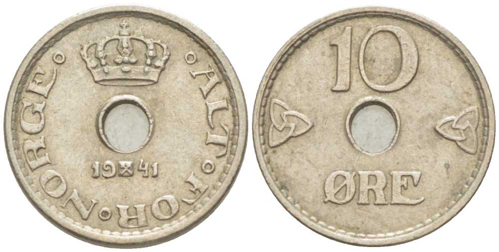 НОРВЕГИЯ 10 ЭРЕ 1941 ХОКОН VII (1905-1957) KM 383 медно-никель 3309-719