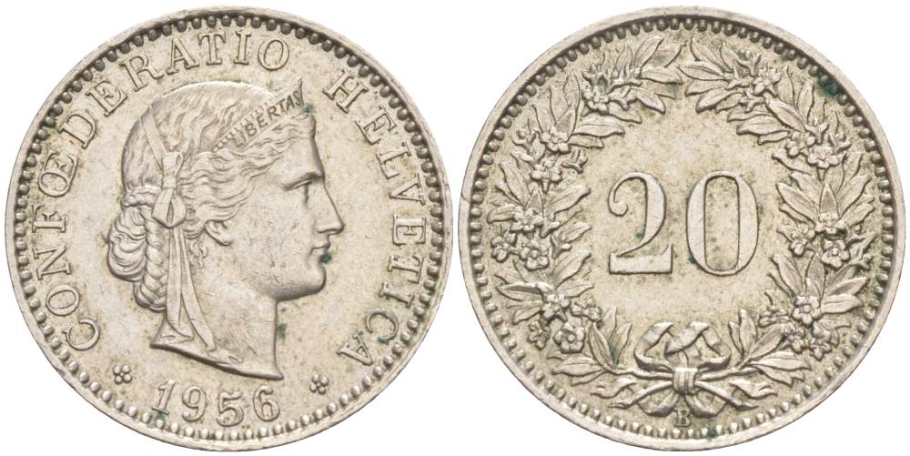 ШВЕЙЦАРИЯ 20 РАППЕНОВ 1956 В KM 29a медно-никель 55-737