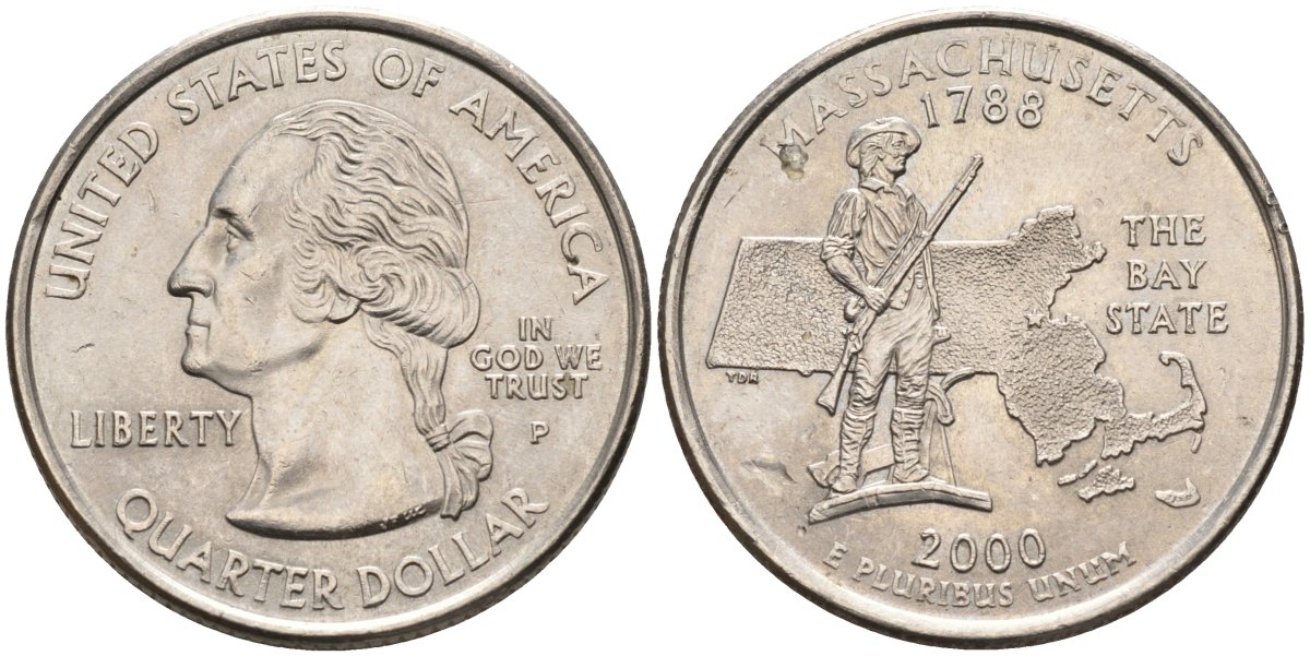 США 25 центов = квотер 2000 Р, серия штаты США, Массачусетс KM 305 медь плакированная медно-никелем 4586-123