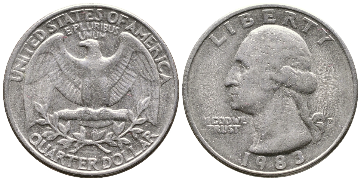 США 25 ЦЕНТОВ = КВОТЕР 1983 P, ВАШИНГТОН KM А164а медь плакированная медно-никелем 23-113