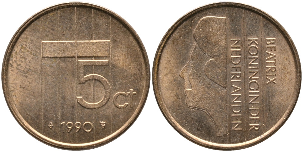 НИДЕРЛАНДЫ 5 ЦЕНТОВ 1990 БЕАТРИКС KM 202 бронза 65-1254