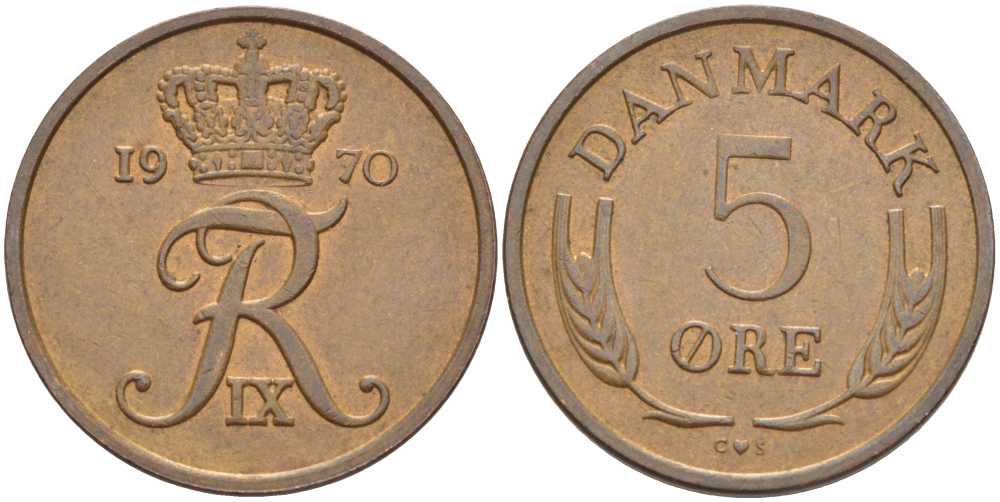 ДАНИЯ 5 ЭРЕ 1970 C; S, ФРЕДЕРИК IX (1947-1972) KM 848.1 бронза 67-857