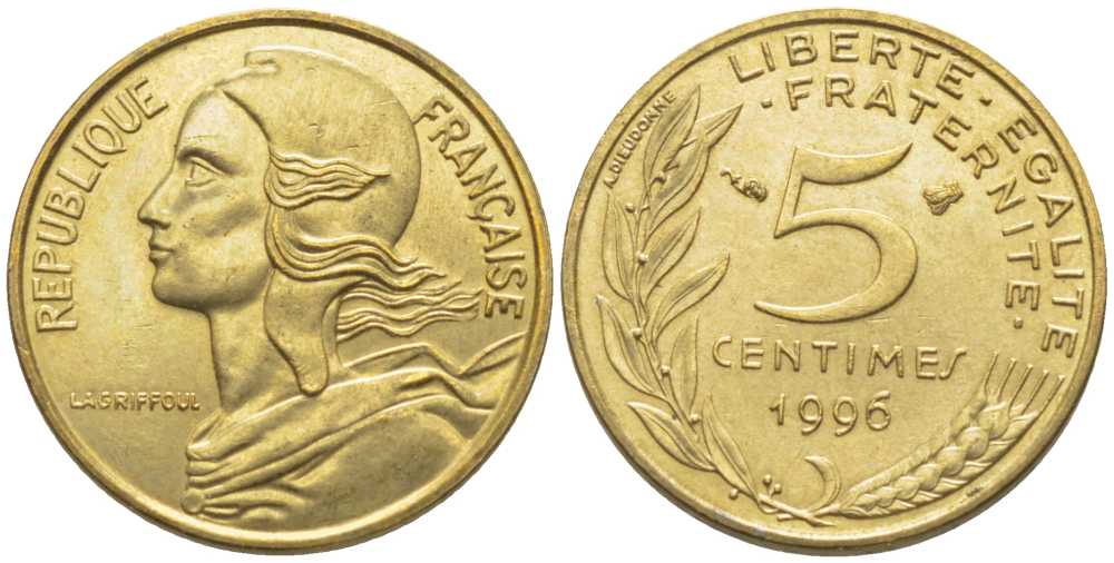 ФРАНЦИЯ 5 САНТИМОВ 1996 ТИП MARIANNE, 4 PILIS KM 933, LE FRANC 125.39 медь алюминий никель 116-464