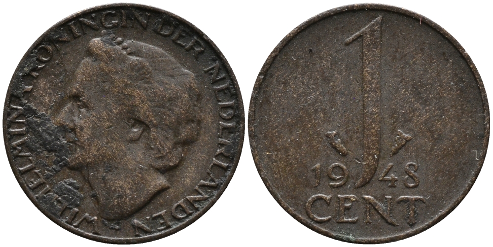 Нидерланды 1 цент 1948 Вильгельмина (1890-1948), год тип KM 175 бронза 3458-244