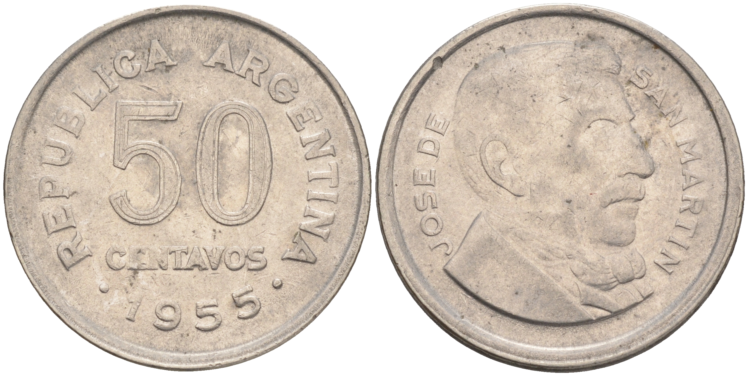 Аргентина 50 сентаво 1955 генерал Хосе де Сан Мартин KM 49 сталь плакированная никелем 4561-541