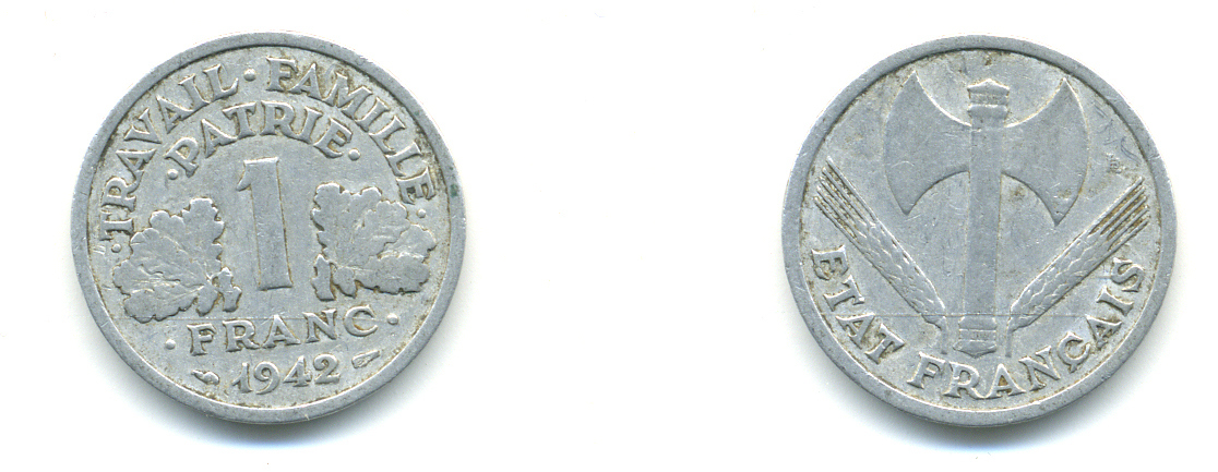 ФРАНЦИЯ 1 ФРАНК 1942 LB, ТИП LOURDЕ, ПРАВИТЕЛЬСТВО ВИШИ KM 902.1, LE FRANC 222.2 алюминий 76-746