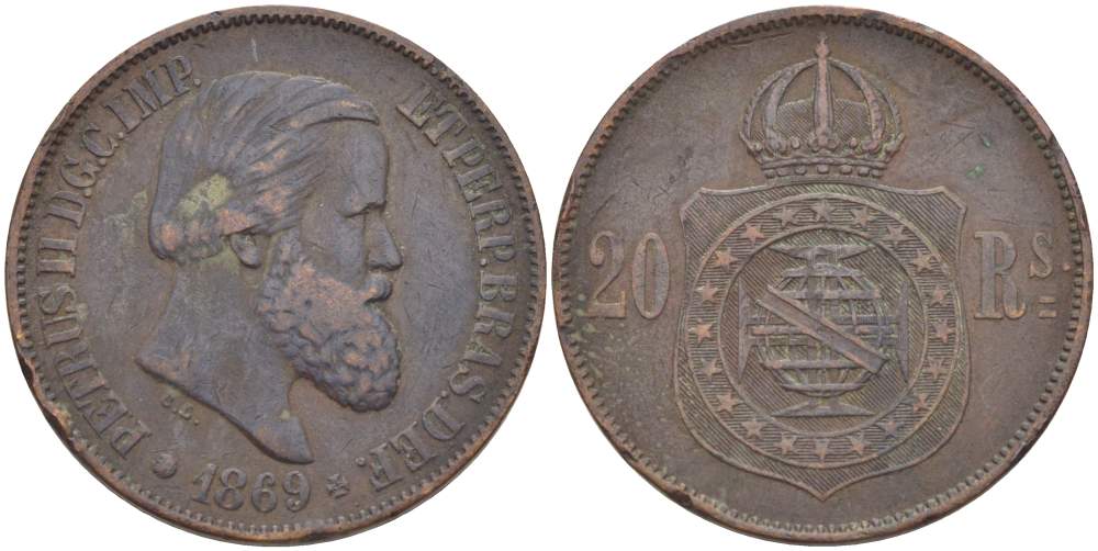 Бразилия 20 рейсов 1869 Педро II (1831-1889) KM 474 бронза 4529-442