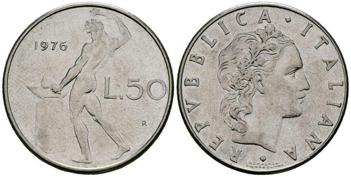 Италия 50 лир 1976 R, бог огня Вулкан у наковальни KM 95.1 нержавеющая сталь 4138-615