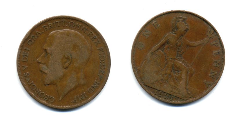 Великобритания 1 пенни 1921 Георг V (1910-1936) KM 810, Spink 4051 бронза 47-536