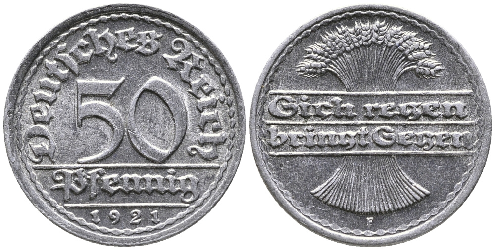 ГЕРМАНИЯ 50 ПФЕННИГОВ 1921 F KM 27, J. 301 алюминий 24-954