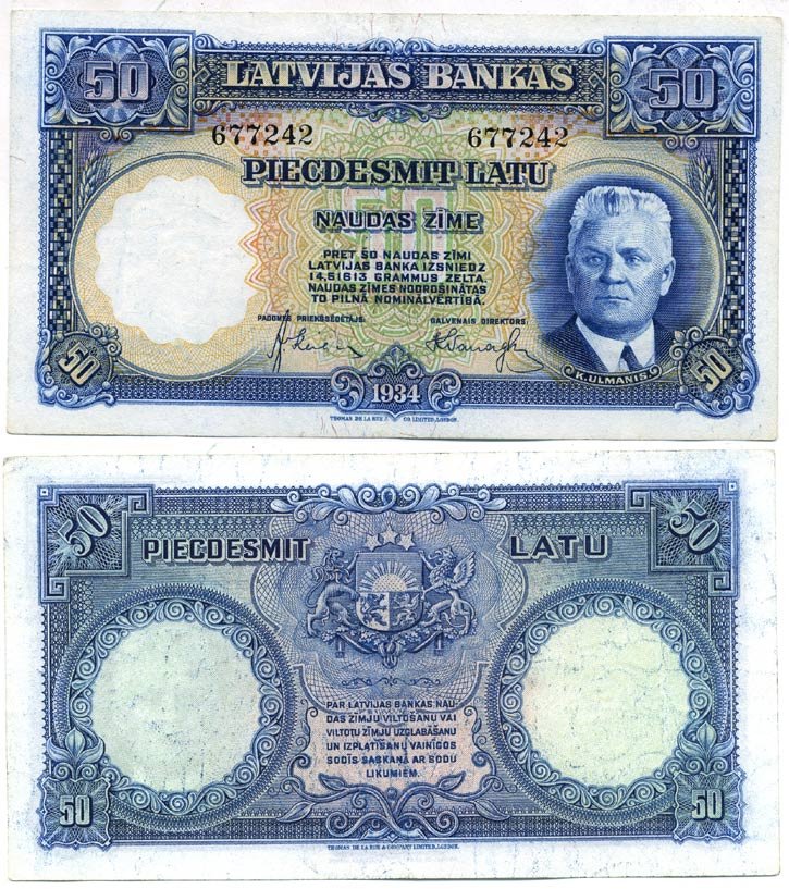 Латвия 50 латов 1934 Pick 20а бумага aUNC 000-000-00