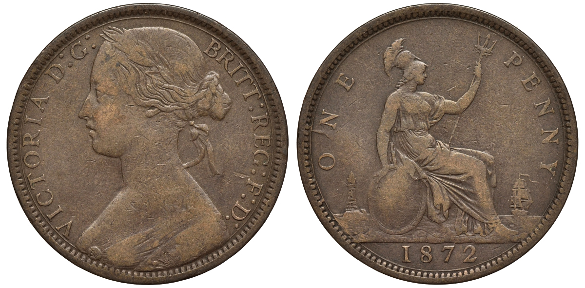 Великобритания 1 пенни 1872 Виктория (1837-1901) KM 749.2, Spink 3954 бронза 1524-634