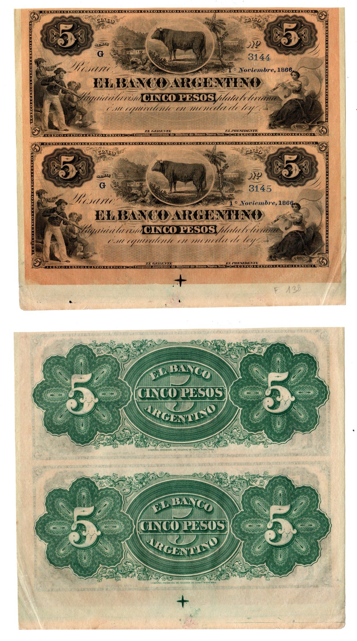 Аргентина, Росарио 5 песо 1866 неразрезанные банкноты. Гаучо, бык, аллегорическая женщина Pick S1526 b бумага 451-1262-1