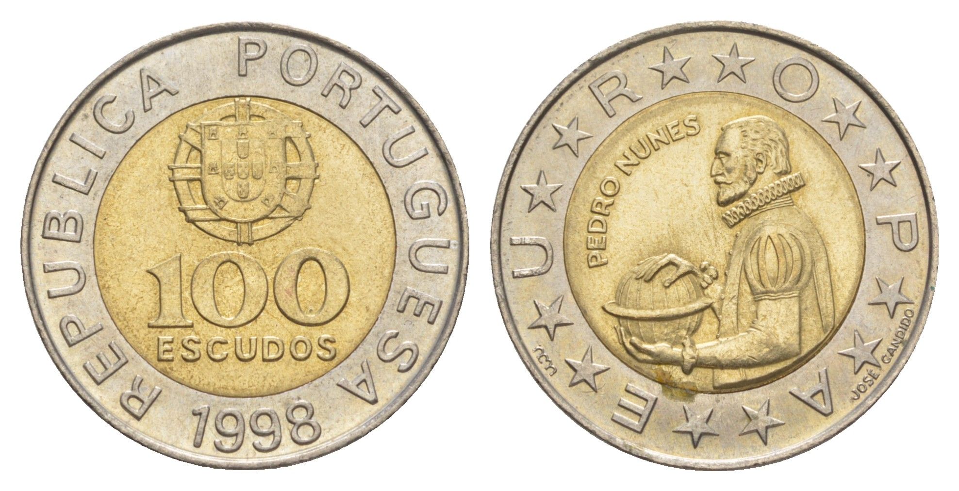 Португалия 100 эскудо 1998 Педру Нуниш (1502-1578), математик KM 645 биметалл aUNC 4391-334