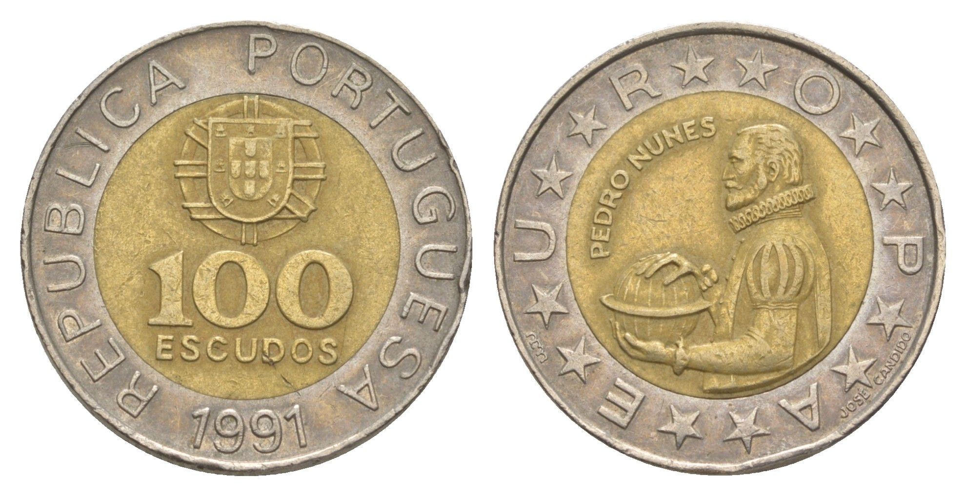Португалия 100 эскудо 1991 Педру Нуниш (1502-1578), математик KM 645 биметалл 4388-815