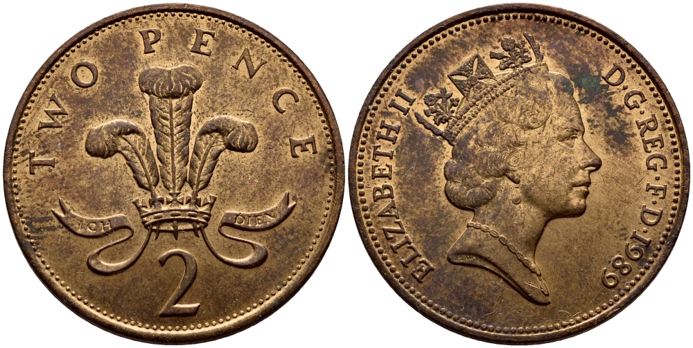 Великобритания 2 пенса 1989 Елизавета II (1952-2022) KM 936, Spink 4376 (C3) бронза 51-2716