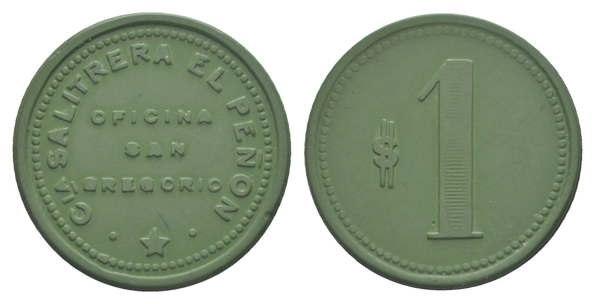 Чили, Сан-Грегорио (San Gregorio), Агуа Бланка (Agua Blanca) шахтерский жетон с Селитряного рудника для покупки в местных магазинах, номиналом в 1 песо 1880-1920 диаметр 30 мм, вес 3,18 гр Espinosa 275.8 эбонит (зеленый) 1094-1-51